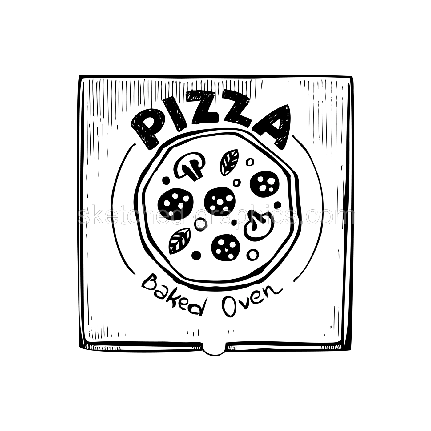 Pizza in paper box sketch. Hand-drawn vector illustration. Vintage fast food drawing. Food delivery design element. Take away box package. Italian cuisine menu design element Illustration
